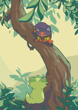 ambiguous_gender black_body black_fur duo eye_contact feral fur green_body green_fur in_tree looking_at_another paws plant red_eyes tail tree whiskers yellow_sclera milkshreds nintendo pokemon felid feline generation_7_pokemon generation_9_pokemon litten mammal pokemon_(species) sprigatito 2025 hi_res signature