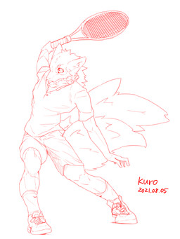 2_tails action_pose anthro bottomwear clothed clothed_anthro clothed_male clothing eyebrows fluffy fluffy_tail footwear front_view fully_clothed fully_clothed_anthro fully_clothed_male holding_object holding_tennis_racket inner_ear_fluff looking_aside male mouth_closed multi_tail pose pupils shirt shoes shorts simple_background sneakers snout socks solo tail tennis_racket text topwear tuft white_background kuromonsart canid canine fox mammal 2021 3:4 absurd_res artist_name dated digital_drawing_(artwork) digital_media_(artwork) english_text hi_res monochrome red_and_white sketch