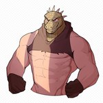 abs anthro clothing for_a_head gloves handwear male muscular muscular_male solo torn_clothing jrjresq dorohedoro kaiman_(dorohedoro) animal_head animal_humanoid humanoid reptile scalie 1:1 hi_res