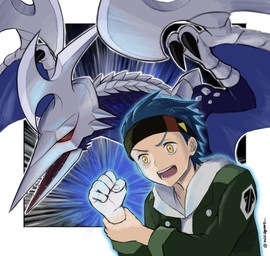 accessory armor beak blue_hair clothing duo feral hair headband headgear helmet hoodie jacket male red_eyes sharp_teeth teeth topwear wings yellow_eyes mas_square bandai_namco digimon digimon_beatbreak raito_souda azhdarmon digimon_(species) human mammal hi_res