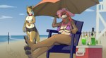 4_toes alcohol anthro beach beach_chair beverage big_breasts bikini bow_tie breasts cherry clothing cooler duo feet female food fruit hair lime liquor male net pawpads plant seaside swimwear toes two-piece_swimsuit umbrella under_shade volleyball_net wavy_hair acethebigbadwolf tae canid canine canis coyote mammal wolf 2021 absurd_res digital_media_(artwork) hi_res