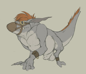 animal_genitalia anklet armor balls bracelet bracers eyewear flaccid genitals goggles jewelry male muzzle_(object) muzzled nude penis sheath simple_background slightly_chubby solo tail teeth oddbird