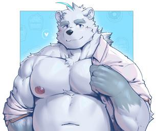 anthro big_chest big_muscles black_nose blue_eyes blush blushing_at_viewer clothed clothing dressing dressing_self fur hair happy heart_symbol looking_at_viewer male musclegut muscular muscular_anthro muscular_arms muscular_male navel nipples open_clothing open_shirt open_topwear pink_nipples shirt simple_background slightly_chubby smile solo topwear white_background white_body white_clothing white_fur white_hair white_shirt white_topwear glinfoxart knights_college paul_pfitzner bear mammal polar_bear ursine absurd_res digital_media_(artwork) hi_res