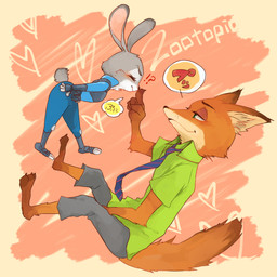 abstract_background anthro barefoot blush boop claws clothing dialogue duo feet female fur grey_body grey_fur heart_symbol inner_ear_fluff interrobang long_ears male orange_body orange_fur police police_uniform smile text toe_claws tuft uniform ビス子 disney zootopia judy_hopps nick_wilde canid canine fox lagomorph leporid mammal rabbit red_fox true_fox 1:1 japanese_text translated