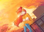 anthro blue_eyes boots boots_only clothing female footwear footwear_only hair knee_boots knee_highs legwear long_hair mostly_nude neutral_expression red_hair shoes sitting sitting_on_railing solo sunset tail azul35art archie_comics sega sonic_the_hedgehog_(archie) sonic_the_hedgehog_(comics) sonic_the_hedgehog_(series) sally_acorn ground_squirrel mammal rodent sciurid absurd_res hi_res