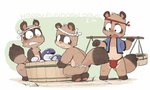 anthro asian_clothing blush bodily_fluids brown_body brown_fur butt clothing east_asian_clothing eyes_closed fundoshi fur group japanese_clothing male paws sweat underwear young young_anthro mohezi62 fundoshi's_day canid canine mammal raccoon_dog tanuki 2021 hi_res