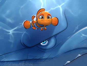 blue_body blue_eyes duo feral fish_tail looking_at_viewer male orange_body orange_eyes orange_fin shark_teeth stripes white_stripes young young_feral chainsxwsmile disney finding_nemo pixar bruce_(finding_nemo) nemo_(finding_nemo) aquatic fish great_white_shark mackerel_shark shark white_shark 2022 hi_res watermark
