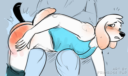 anthro belt belting blue_eyes bodily_fluids bottomwear bottomwear_down butt butt_slap clothed clothing corporal_punishment crying duo female nipple_outline on_knee on_lap otk pants pants_down partially_clothed punishment reddened_butt slap spank_marks spank_marks_on_ass spanking strapping tears primrosepup canid canine canis domestic_dog mammal