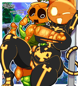 anthro areola balls big_balls big_breasts big_butt big_penis black_bodysuit black_clothing black_sclera black_skinsuit bodily_fluids bodysuit breasts butt clothing duo erection exclamation_point female for_a_head genitals glistening glistening_eyes green_body hand_on_face hand_on_own_face hands_behind_head hands_behind_own_head huge_penis looking_at_another male male/female multicolored_bodysuit multicolored_clothing multicolored_skinsuit nipples one_eye_closed orange_areola orange_body orange_bodysuit orange_clothing orange_ears orange_eyes orange_nipples orange_skinsuit outside penis plant pose skinsuit standing sweat text thick_thighs tight_clothing torn_clothing two_tone_bodysuit two_tone_clothing two_tone_skinsuit vulva white_eyes young karikhuri blushcrunch_studio dandy's_world epic_games fortnite roblox gourdy_holloway spice_(fortnite) animate_inanimate domestic_cat elemental_creature felid feline felis flora_fauna humanoid living_pumpkin mammal object_head toon_(dandy's_world) 2025 artist_name digital_media_(artwork) english_text