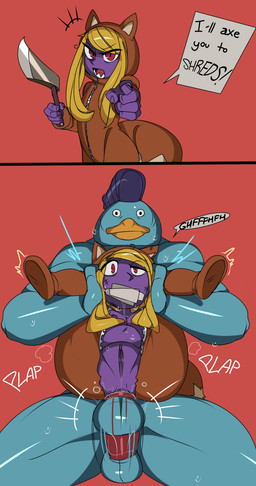 abdominal_bulge anal anal_penetration anthro axe balls blonde_hair blue_body blue_skin bodily_fluids breasts clothing costume dominant duo female female_penetrated forced full_nelson gag gagged genitals hair large_penetration larger_dom loli male male/female male_penetrating male_penetrating_female melee_weapon penetration penis purple_body purple_skin rape red_eyes sex sharp_teeth size_difference small_breasts sweat tape tape_gag teeth thick_thighs threatening torn_clothing vulva weapon young zipper captainkirb instant_loss_2koma ittle_dew ludosity slap_city jenny_fox ultra_fishbunjin_3000 anatid anseriform avian bird canid canine duck fox mammal 2koma comic hi_res