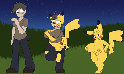 anthro big_breasts black_nose bottomwear breast_growth breasts brown_eyes butt clothing eyewear female fur gender_transformation genitals glasses grass growth hand_on_breast human_to_anthro looking_at_viewer mid_transformation mtf_transformation nipples on_one_leg outside pants plant shirt short_stackification shortstack shortstack_female shrinking size_transformation smile solo species_transformation standing tail tail_growth thick_thighs topwear torn_clothing transformation tuft vulva yellow_body yellow_fur detectivecoon jackson648328 nintendo pokemon clovis_(jackson648328) generation_1_pokemon human mammal pikachu pokemon_(species) rodent 2022 5:3 digital_media_(artwork) sequence