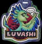 anthro badge claws feathered_wings feathers female sharp_teeth solo speech_bubble teeth text winged_arms wings onnanoko luvashi avali avian alpha_channel hi_res traditional_media_(artwork)