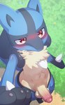 anthro balls blue_arms blue_body blue_ears blush bodily_fluids chest_tuft erection foreskin fur fur_tuft genital_fluids genitals glans humanoid_genitalia humanoid_penis kemono male partially_retracted_foreskin penis pink_glans precum precum_on_penis red_eyes shadow solo standing tuft yellow_balls yellow_body yellow_fur popkage nintendo pokemon canid canine generation_4_pokemon lucario mammal pokemon_(species) 2025 censored hi_res