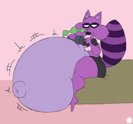 anthro belly belly_inflation big_belly bottomwear cheek_tuft clothing crop_top crossbar_emanata curvy_figure emanata facial_hair facial_markings facial_tuft femboy flash_emanata fur goatee head_markings heart_nose heart_symbol hose hose_in_mouth hose_inflation huge_belly hyper hyper_belly inflation logo male markings mask_(marking) mustache navel navel_popping outie_navel purple_body purple_fur shirt shorts sitting solo striped_markings striped_tail stripes tail tail_markings text thick_thighs topwear tuft wide_hips thatdawgmurray happy_tree_friends lorenzo_(subzerowizardo) mammal procyonid raccoon aliasing artist_logo artist_name digital_media_(artwork) hi_res signature