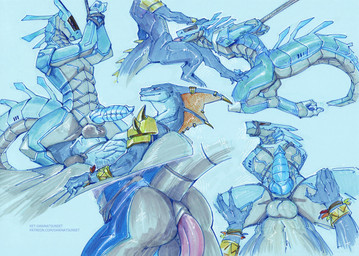 anal anal_penetration anthro armor bdsm blue_body blue_penis bodily_fluids bondage bound bracelet cum cum_inside dorsal_frill duo eyes_closed fanny_pack frill_(anatomy) frill_piercing frill_ring furgonomic_piercing furgonomics genital_fluids genitals gold_(metal) gold_armor gold_bracelet gold_jewelry hands_tied jewelry knot knotted_penis machine male male/male metallic_body orange_frill penetration penis piercing pink_penis restraints ring_piercing rope rope_bondage rope_bracelet shoulder_armor spiked_tail spikes spikes_(anatomy) tail tapering_penis text thick_tail ket-dawnatsunset alen'ko ryker_the_synth lizardman robot robot_anthro scalie synth_(vader-san) 2025 artist_name digital_drawing_(artwork) digital_media_(artwork) hi_res multiple_scenes sketch url