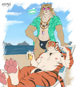 anthro barazoku beach beach_background beach_chair biped black_body black_fur blonde_hair bulge clothed clothing countershade_torso countershading duo eyewear facial_scar fur hair jewelry male male/male male_anthro multicolored_body multicolored_fur muscular muscular_anthro muscular_male necklace open_clothing open_shirt open_topwear orange_body orange_fur outside pawpads pink_pawpads reclining scar shirt striped_body striped_fur stripes sunglasses tan_body tan_fur topwear two_tone_body two_tone_fur white_body white_fur ligoni epic_games fortnite kingston_(fortnite) oscar_(fortnite) felid lion mammal pantherine tiger 2025 digital_media_(artwork) hi_res