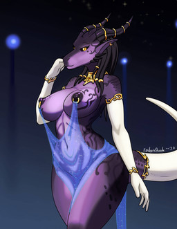 anthro armwear black_sclera breasts clothing collar collar_only ear_piercing elbow_gloves female furgonomics gloves gradient_background handwear horn horn_jewelry jewelry medium_breasts night nipple_piercing nipple_ring_dress nipples nude piercing purple_body simple_background solo street_lamp tail tail_clothing tail_stocking yellow_eyes ember-shade mythology nipple_piercing_dress desha_(ember-shade) dragon mythological_creature mythological_scalie scalie hi_res