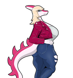 anthro big_breasts big_butt bottomwear breasts butt clothing denim denim_bottomwear denim_clothing female huge_breasts huge_butt jacket jeans leather leather_clothing leather_jacket leather_topwear looking_at_viewer multicolored_body pants pink_body solo spiked_tail spikes spikes_(anatomy) tail topwear two_tone_body chingodile cavemanon_studios i_wani_hug_that_gator mia_moretti dinosaur hadrosaurid ornithischian ornithopod parasaurolophus prehistoric_species reptile scalie hi_res