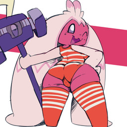 barely_visible_breasts biped breasts butt camel_toe clothed clothed_female clothed_humanoid clothing eyelashes female female_humanoid fully_clothed fully_clothed_female fully_clothed_humanoid hammer hand_on_hip holding_hammer holding_object holding_tool legwear looking_at_viewer looking_back looking_back_at_viewer multicolored_clothing multicolored_legwear multicolored_swimwear multicolored_thigh_highs noseless one-piece_swimsuit one_eye_closed open_mouth open_smile pattern_clothing pattern_legwear pattern_swimwear pattern_thigh_highs pink_body pose pseudo_hair red_clothing red_legwear red_swimwear red_thigh_highs shortstack shortstack_female simple_background smile solo standing striped_clothing striped_legwear striped_swimwear striped_thigh_highs stripes swimwear thick_thighs thigh_highs tools two_tone_clothing two_tone_legwear two_tone_swimwear two_tone_thigh_highs white_clothing white_legwear white_swimwear white_thigh_highs wide_hips wink winking_at_viewer vono nintendo pokemon tenga generation_9_pokemon humanoid pokemon_(species) tinkaton 1:1 2026 archived_source digital_drawing_(artwork) digital_media_(artwork) full-length_portrait hatching_(art) hi_res pinup portrait shaded