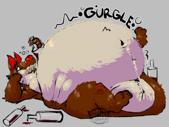 alcohol ambiguous_gender anthro belly beverage big_belly bloated bottle brown_body brown_ears brown_fur container fur huge_belly hyper hyper_belly inflation rumbling_stomach solo wine hodgepodge canid canine mammal 2026 4:3 hi_res