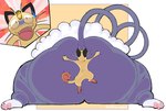 2024 absurd_res against_surface anthro between_cheeks big_butt butt duo female feral generation_1_pokemon generation_4_pokemon hi_res huge_butt huge_thighs hyper hyper_butt hyper_thighs larger_female male meowth nintendo pawpads paws pokemon pokemon_(species) purugly rear_view size_difference smaller_male sushiamazing thick_thighs