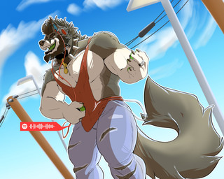 abs anthro black_collar black_hair blue_bottomwear blue_clothing blue_jeans blue_pants blue_sky bottomwear chain claws clothing cloud collar denim denim_bottomwear denim_clothing ear_piercing electronics eyes_closed finger_claws forearm_muscles fur gauged_ear green_pawpads green_tongue grey_body grey_fur hair headphones industrial_piercing jeans listening_to_music long_tail male multicolored_body multicolored_fur muscular muscular_anthro muscular_male music_player open_mouth outside pants pawpads pecs piercing red_clothing red_shirt red_tank_top red_topwear ring shirt sky solo spiked_collar spikes street_lamp tail tank_top tongue topwear torn_bottomwear torn_clothing torn_jeans torn_pants two_tone_body two_tone_fur utility_line utility_pole white_body white_fur kyojufolf spotify kyoju_(kyojufolf) canid canine canis fox hybrid mammal wolf 2025 5:4 hi_res