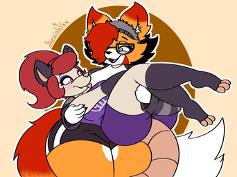 anthro blue_eyes clothing duo eyewear fangs female female/female glasses hair pattern_background red_hair shirt simple_background smile sweater t-shirt teeth topwear jhenightfox julie_(jhenightfox) tania_tlacuache american_opossum canid canine canis fox mammal marsupial hi_res