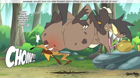 anthro big_butt bite black_hair brown_body brown_fur butt butt_bite duo female forest fur hair male outside plant red_eyes sharp_teeth teeth text tree wide_hips potateymatey leena_(potateymatey) marley_(potateymatey) herpestid hyena mammal meerkat 2026 english_text hi_res
