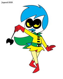 anthro beak biped blue_hair boots cape clothing domino_mask eyemask eyewear female footwear gloves green_cape green_clothing hair handwear looking_at_viewer mask red_boots red_clothing red_footwear red_gloves red_handwear shirt shoes short_hair simple_background solo topwear white_background yellow_clothing yellow_sclera yellow_shirt yellow_topwear young young_anthro young_female jugend avian bird eurasian_blue_tit oscine passerine tit_(bird) 2026 hi_res