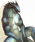5:6 abs afd-yred anthro biceps biped blue_eyes featureless_crotch hi_res horn koutanagamori lizard lizardman male muscular muscular_anthro muscular_male nude open_mouth pecs reptile scales scalie simple_background sitting solo teeth tongue white_background