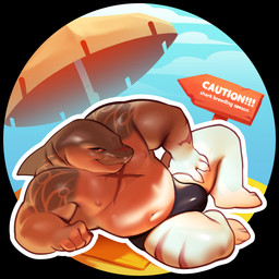 anthro beach bulge looking_at_viewer male musclegut muscular navel nipples scar solo tattoo umbrella rex_unit09 aquatic fish shark 1:1 hi_res