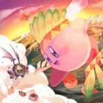 amazing_background ambiguous_gender cloud detailed_background feathered_wings feathers feral flying glistening glistening_eyes group high-angle_view insect_wings male mask membrane_(anatomy) membranous_wings pink_body sky smile sunset wings sibasan_k kirby_(series) nintendo kirby meta_knight wing_kirby bronto_burt scarfy waddle_doo waddling_head 1:1 colored detailed digital_media_(artwork) digital_painting_(artwork) hi_res tagme