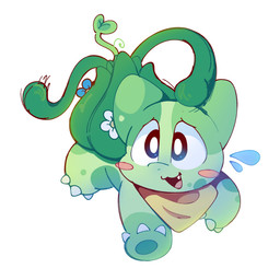 ambiguous_gender back_bulb back_plant blue_flower blush blush_stickers bodily_fluids bulb claws fangs feral flower flower_on_body flying_sweatdrops green_body green_pawpads green_skin kerchief markings nervous nervous_smile open_mouth open_smile pawpads plant simple_background smile solo spots spotted_body spotted_skin sprout_(plant) sweat sweatdrop teeth tentacles vine_tentacles white_background white_claws white_flower yellow_kerchief plushybluecat nintendo pokemon bulbasaur elemental_creature flora_fauna generation_1_pokemon pokemon_(species) 1:1 2025 hi_res