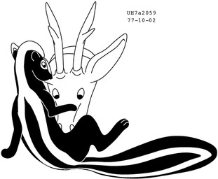 antlers black_body black_fur duo feral fur horn interspecies looking_at_another male male/male oral simple_background sitting size_difference spread_legs spreading white_background white_body white_fur urbanhermit deer mammal mephitid skunk 1977 20th_century ancient_art black_and_white dated low_res monochrome