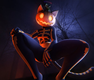 anthro black_bodysuit black_clothing black_skinsuit bodysuit breasts clothing crouching empty_eyes female food for_a_head fruit glowing glowing_eyes glowing_mouth holidays jack-o'-lantern looking_at_viewer low-angle_view markings medium_breasts night open_mouth open_smile outside plant pumpkin pumpkin_head skeleton_(marking) skinsuit smile smiling_at_viewer solo spread_legs spreading striped_markings striped_tail stripes tail tail_markings teeth tight_clothing tree vincead epic_games fortnite halloween spice_(fortnite) felid feline mammal object_head 3d_(artwork) digital_media_(artwork) hi_res watermark
