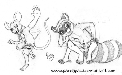 anthro closed_smile clothed clothing crouching duo glistening glistening_eyes logo male markings mouth_closed open_mouth open_smile running simple_background smile striped_markings striped_tail stripes tail tail_markings teeth text topless young young_anthro young_male pandapaco art_(pandapaco) mammal mouse murid murine rodent 2015 artist_logo monochrome signature sketch url