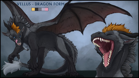 anthro black_body black_fur black_horn blue_eyes bodily_fluids cheek_tuft chest_tuft eyes_closed facial_tuft fangs feral fur furred_wings grey_body grey_fur hair horn licking licking_lips licking_own_lips male mouth_shot open_mouth orange_hair pupils quadruped red_tongue saliva saliva_string self_lick sharp_teeth short_hair simple_background slit_pupils solo tail tail_tuft teeth tongue tongue_out tuft unsigned acidic mythology dragon furred_dragon furred_scalie mythological_creature mythological_scalie scalie 16:9 model_sheet widescreen