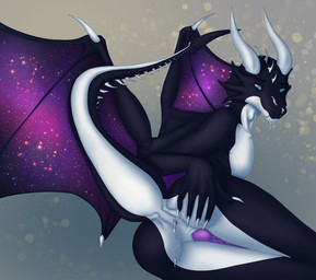 5_fingers animal_genitalia anthro anus biped black_body black_scales blue_eyes bodily_fluids butt claws cosmic_flesh cosmic_wings cum cum_in_ass cum_inside cum_on_face erection fingers genital_fluids genital_slit genitals horn knot looking_at_viewer male membrane_(anatomy) membranous_wings nude penis presenting presenting_anus presenting_hindquarters raised_tail scales simple_background solo spread_wings spreading tail white_body white_scales wings jilor mythology khander dragon mythological_creature mythological_scalie reptile scalie star_dragon digital_media_(artwork) hi_res