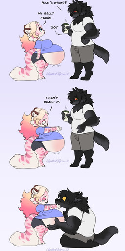 5_fingers anthro barefoot belly beverage big_belly big_breasts black_body black_fur blonde_hair blue_eyes bodily_fluids bottomwear breasts chibi clothed clothing daww dialogue duo eye_contact eyebrow_through_hair eyebrows eyes_closed feet female fingers fur hair highlights_(coloring) kneeling larger_male long_hair looking_at_another looking_up male male/female multicolored_body multicolored_fur narrowed_eyes pink_body pink_fur pink_highlights pregnant red_eyes scratching shirt shorts size_difference smaller_female standing striped_body striped_fur stripes t-shirt tears text thick_thighs toes topwear translucent translucent_hair underage_pregnancy? white_body white_fur tiggybloom mythology chaos_(tiggybloom) marzipan_(tiggybloom) canid canine canis felid mammal mythological_canine mythological_creature pantherine tiger werecanid werecanine werecreature werewolf wolf 2022 artist_name english_text hi_res