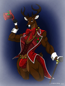 anthro antlers biceps bow_tie bulge clothing coattails cuffs_(clothing) hat headgear headwear horn looking_at_viewer male muscular muscular_male solo top_hat wolfdan86 deer mammal new_world_deer reindeer 2019 3:4 hi_res