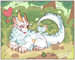 4_ears ambiguous_gender blep blush blush_lines border claws eyes_closed feral fluffy fur heart_symbol horn lying multi_ear outside paws plant quadruped shrub solo tail tail_tuft toe_claws tongue tongue_out tree tuft white_body white_border white_fur scarf_(artist) fabulous_beasts mythology sibuxiang_the_kirin_(fabulous_beasts) dragon furred_dragon furred_scalie kirin mythological_creature mythological_scalie scalie 2025 hi_res