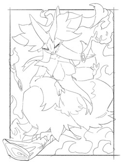 3_fingers 3_toes anthro arm_tuft big_ears border breasts broom broom_riding claws cleaning_tool crouching eyelashes feet female finger_claws fingers fire inner_ear_fluff leg_tuft nipples pokemorph smile smirk snout solo stick toe_claws toes tuft white_border kame_3 nintendo pokemon pokemon_legends_z-a canid canine generation_9_pokemon mammal mega_delphox mega_evolution pokemon_(species) 2025 absurd_res black_and_white hi_res monochrome unfinished