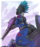 anthro arm_spikes armor beak bedroom_eyes blue_armor blue_body blue_eyes blue_feather_hair blue_feathers boob_armor bottomwear breastplate breasts butt clothed clothing cuirass cuisse digitigrade elbow_spikes energy_weapon eye_tattoo facial_tattoo fangs feather_hair feathered_crest feathers female futuristic_armor greaves grey_body grey_skin gun head_crest holding_gun holding_object holding_ranged_weapon holding_weapon looking_at_viewer looking_back looking_back_at_viewer narrowed_eyes needle_rifle non-mammal_breasts partially_clothed poleyn pseudo_hair pupils ranged_weapon rerebrace scales science_fiction seductive short_tail shoulder_guards side_boob sitting slit_pupils smile solo spaulder spikes spikes_(anatomy) tail tattoo teeth vambrace weapon inno-sjoa halo_(series) microsoft xbox_game_studios bep_'nom alien avian kig-yar scalie t'vaoan 2023 absurd_res colored hi_res shaded