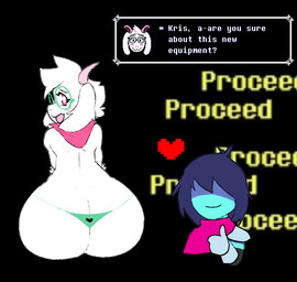 ambiguous_gender ambiguous_human anthro big_butt blue_body blue_hair blue_skin blush butt clothing dialogue duo embarrassed eyewear fur gesture glasses hair hair_over_eyes hand_gesture huge_butt male text thong thumbs_up underwear white_body white_fur sbsparrow deltarune undertale_(series) kris_dreemurr ralsei bovid caprine darkner goat human mammal 2021 english_text