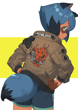 anthro arms_by_side biped blue_hair blue_tail_tip brown_body brown_clothing brown_jacket brown_topwear claws clothed clothing cosplay cybernetic_eye cybernetics dipstick_tail facial_markings female female_anthro fur gloves_(marking) green_eyes hair head_markings inner_ear_fluff jacket logo looking_at_viewer machine markings multicolored_body multicolored_fur multicolored_hair multicolored_tail short_hair smile solo tail tail_markings topwear tuft two_tone_body two_tone_fur two_tone_hair two_tone_tail voice_actor_joke lizzy_imo brand_new_animal cd_projekt_red cyberpunk_2077 studio_trigger michiru_kagemori canid canine mammal raccoon_dog tanuki hi_res