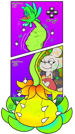 ambiguous_gender anthro anthro_prey bodily_fluids breasts cleavage_cutout clothed clothed_anthro clothed_female clothing cutaway cutout drooling duo female female_prey fur green_body grey_body grey_eyes grey_fur healing_vore internal leaf one_eye_closed open_mouth plant plant_pred plant_vore prey_outline saliva saliva_string smile snaggle_tooth spikes spikes_(anatomy) struggling struggling_prey text tongue tongue_out vore dezzykitsune sly_(dezzykitsune) bi'in elemental_creature flora_fauna 2024 absurd_res comic dated english_text hi_res