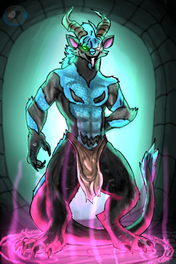anthro bottomwear clothing horn loincloth looking_at_viewer magic male muscular muscular_male pecs solo standing tongue cor1998l dex_longtail demon 2:3