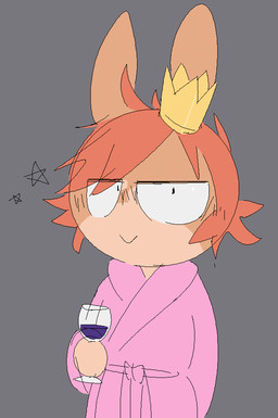 :> ambiguous_gender anthro clothing container crown cup drinking_glass fur glass glass_container glass_cup grey_background hair headgear holding_container holding_cup holding_drinking_glass holding_object holding_wine_glass orange_body orange_fur orange_hair pink_clothing pink_robe robe simple_background solo wine_glass bravobunny lagomorph leporid mammal rabbit 2021 aliasing digital_media_(artwork) portrait three-quarter_portrait