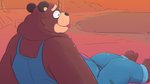 anthro beach belly black_nose brown_body brown_fur clothing eyes_closed fur male outside overalls overweight overweight_anthro overweight_male seaside sitting solo tongue tongue_out leothelionel the_human_heart_(game) cade_maplebottom bear mammal 16:9 2021 widescreen