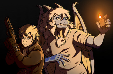 anthro black_background blonde_hair clothing duo female flat_chested gun hair jacket lighter male male/female ranged_weapon scales scared serious_face shirt simple_background t-shirt topwear weapon white_hair zimakum mythology dragon human mammal mythological_creature mythological_scalie scalie colored_sketch hi_res sketch